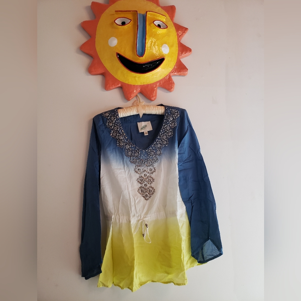 Nurture silver beaded  blue and yellow cotton tunic size medium